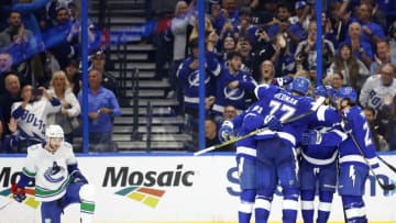 TAMPA, FLORIDA - OCTOBER 19: Nikita Kucherov #86 of the Tampa Bay Lightning celebrates a goal in the third period during a game against the Vancouver Canucks at Amalie Arena on October 19, 2023 in Tampa, Florida. (Photo by Mike Ehrmann/Getty Images)
