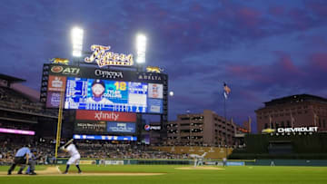 Aug 16, 2016; Detroit, MI, USA; General view as Kansas City Royals starting pitcher Danny Duffy (41) pitches to Detroit Tigers center fielder Tyler Collins (18) in the sixth inning at Comerica Park. Mandatory Credit: Rick Osentoski-USA TODAY Sports