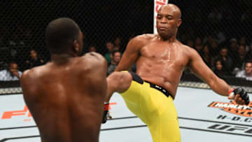 BROOKLYN, NEW YORK - FEBRUARY 11: (R-L) Anderson Silva of Brazil kicks Derek Brunson in their middleweight bout during the UFC 208 event inside Barclays Center on February 11, 2017 in Brooklyn, New York. (Photo by Jeff Bottari/Zuffa LLC/Zuffa LLC via Getty Images)