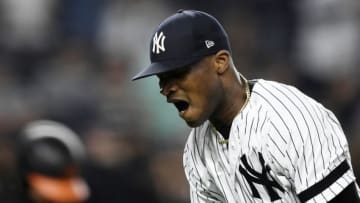NEW YORK, NEW YORK - MAY 15: Domingo German #55 of the New York Yankees reacts after closing out the seventh inning of game two of a double header against the Baltimore Orioles at Yankee Stadium on May 15, 2019 in the Bronx borough of New York City. (Photo by Sarah Stier/Getty Images)