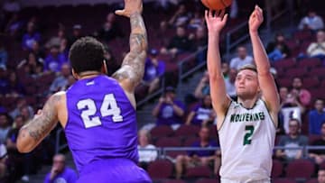LAS VEGAS, NV - MARCH 09: Jake Toolson #2 of the Utah Valley Wolverines shoots against Keonta Vernon #24 of the Grand Canyon Lopes during a semifinal game of the Western Athletic Conference basketball tournament at the Orleans Arena on March 9, 2018 in Las Vegas, Nevada. (Photo by Sam Wasson/Getty Images)