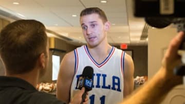 Sep 28, 2015; Galloway, NJ, USA; Philadelphia 76ers guard Nik Stauskas (11) during media day at Stockton Seaview Hotel. Mandatory Credit: Bill Streicher-USA TODAY Sports