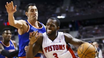 Mar 3, 2014; Auburn Hills, MI, USA; Detroit Pistons shooting guard Rodney Stuckey (3) dribbles around New York Knicks point guard Pablo Prigioni (9)in the fourth quarter at The Palace of Auburn Hills. Detroit won 96-85. Mandatory Credit: Rick Osentoski-USA TODAY Sports