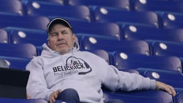Feb 27, 2016; Indianapolis, IN, USA; New England Patriots coach Bill Belichick watches the players workout during the 2016 NFL Scouting Combine at Lucas Oil Stadium. Mandatory Credit: Brian Spurlock-USA TODAY Sports