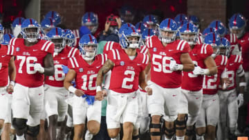 Sep 18, 2021; Oxford, Mississippi, USA; Mississippi Rebels quarterback Matt Corral (2) brings his team onto the field prior to the game against Tulane Green Wave at Vaught-Hemingway Stadium. Mandatory Credit: Marvin Gentry-USA TODAY Sports