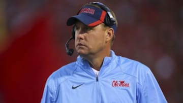 Sep 27, 2014; Oxford, MS, USA; Mississippi Rebels head coach Hugh Freeze during the game against the Memphis Tigers at Vaught-Hemingway Stadium. Mandatory Credit: Spruce Derden-USA TODAY Sports