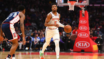 LOS ANGELES, CA - MARCH 03: New York Knicks Guard Dennis Smith Jr. (5) brings the ball up the court during a NBA game between the New York Knicks and the Los Angeles Clippers on March 3, 2019 at STAPLES Center in Los Angeles, CA. (Photo by Brian Rothmuller/Icon Sportswire via Getty Images)