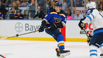 ST. LOUIS, MO - OCTOBER 4: Robert Thomas #18 of the St. Louis Blues knocks down the puck against the Winnipeg Jets at the Enterprise Center on October 4, 2018 in St. Louis, Missouri. (Photo by Dilip Vishwanat/Getty Images)