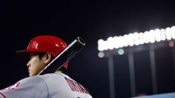 Jun 14, 2022; Los Angeles, California, USA; Los Angeles Angels designated hitter Shohei Ohtani (17) before hitting against the Los Angeles Dodgers in the ninth inning at Dodger Stadium. Mandatory Credit: Gary A. Vasquez-USA TODAY Sports