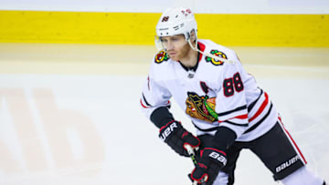 Jan 26, 2023; Calgary, Alberta, CAN; Chicago Blackhawks right wing Patrick Kane (88) skates during the warmup period against the Calgary Flames at Scotiabank Saddledome. Mandatory Credit: Sergei Belski-USA TODAY Sports