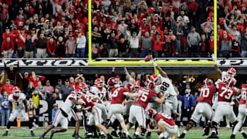 Jalen Carter blocks a field goal in the third quarter of the game against the Alabama Crimson Tide during the 2022 CFP National Championship. (Photo by Andy Lyons/Getty Images)