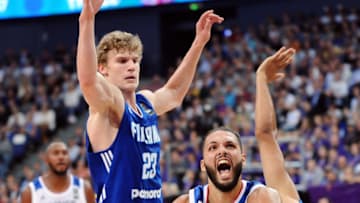 HELSINKI, FINLAND - AUGUST 31: Lauri Markkanen of Finland Evan Fournier France during the FIBA Eurobasket 2017 Group A match between France and Finland on August 31, 2017 in Helsinki, Finland. (Photo by Norbert Barczyk/Press Focus/MB Media/Getty Images)
