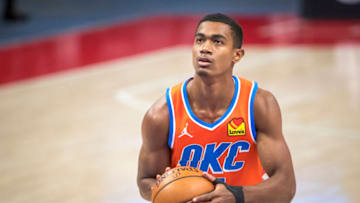 DETROIT, MICHIGAN - APRIL 16: Theo Maledon #11 of the Oklahoma City Thunder shoots a free throw during the first quarter of the NBA game against the Detroit Pistons at Little Caesars Arena on April 16, 2021 in Detroit, Michigan. NOTE TO USER: User expressly acknowledges and agrees that, by downloading and or using this photograph, User is consenting to the terms and conditions of the Getty Images License Agreement. (Photo by Nic Antaya/Getty Images)