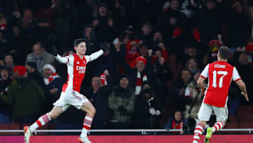 LONDON, ENGLAND - DECEMBER 21: Charlie Patino of Arsenal (L) celebrates after scoring their team's fifth goal during the Carabao Cup Quarter Final match between Arsenal and Sunderland at Emirates Stadium on December 21, 2021 in London, England. (Photo by Julian Finney/Getty Images)