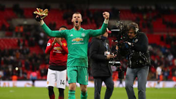 LONDON, ENGLAND - JANUARY 13: David de Gea of Manchester United celebrates victory after the Premier League match between Tottenham Hotspur and Manchester United at Wembley Stadium on January 13, 2019 in London, United Kingdom. (Photo by Catherine Ivill/Getty Images)