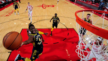 HOUSTON, TX - OCTOBER 4: Victor Oladipo #4 of the Indiana Pacers shoots the ball against the Houston Rockets during a pre-season game on October 4, 2018 at Toyota Center, in Houston, Texas. NOTE TO USER: User expressly acknowledges and agrees that, by downloading and/or using this Photograph, user is consenting to the terms and conditions of the Getty Images License Agreement. Mandatory Copyright Notice: Copyright 2018 NBAE (Photo by Bill Baptist/NBAE via Getty Images)