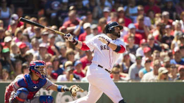 Jul 4, 2016; Boston, MA, USA; Boston Red Sox catcher Sandy Leon (3) follows through on a double against the Texas Rangers during the fourth inning at Fenway Park. Mandatory Credit: Winslow Townson-USA TODAY Sports