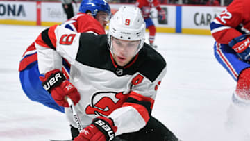 MONTREAL, QC - APRIL 1: Taylor Hall #9 of the New Jersey Devils controls the puck against the Montreal Canadiens in the NHL game at the Bell Centre on April 1, 2018 in Montreal, Quebec, Canada. (Photo by Francois Lacasse/NHLI via Getty Images) *** Local Caption ***