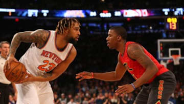 Jan 3, 2016; New York, NY, USA; Atlanta Hawks guard Lamar Patterson (13) defends New York Knicks forward Derrick Williams (23) during the second quarter at Madison Square Garden. Mandatory Credit: Anthony Gruppuso-USA TODAY Sports