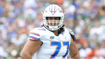 Florida Gators offensive lineman Ethan White (77) during the second game of the season against the USF Bulls at Raymond James Stadium, in Tampa Fla. Sept. 11, 2021.Flgai 09112021 Ufvs Usf Action28