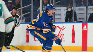BUFFALO, NY - JANUARY 6: Tage Thompson #72 of the Buffalo Sabres skates up ice with the puck during the second period against the San Jose Sharks at KeyBank Center on January 6, 2022 in Buffalo, New York. (Photo by Kevin Hoffman/Getty Images)
