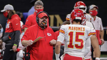 Dec 20, 2020; New Orleans, Louisiana, USA; Kansas City Chiefs head coach Andy Reid talks with quarterback Patrick Mahomes (15) during the first half against the New Orleans Saints at the Mercedes-Benz Superdome. Mandatory Credit: Derick E. Hingle-USA TODAY Sports