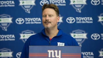 Jul 30, 2016; East Rutherford, NJ, USA; New York Giants head coach Ben McAdoo at the podium after the second day of training camp at Quest Diagnostics Training Center. Mandatory Credit: William Hauser-USA TODAY Sports