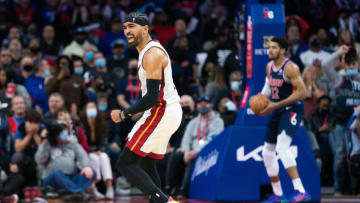 Miami Heat guard Gabe Vincent (2) reacts after scoring against the Philadelphia 76ers(Bill Streicher-USA TODAY Sports)