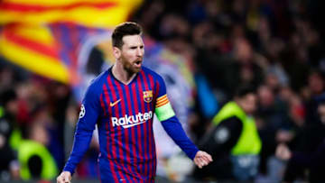 BARCELONA, SPAIN - MARCH 13: Lionel Messi of FC Barcelona celebrates scoring his side's 3rd goal during the UEFA Champions League Round of 16 Second Leg match between FC Barcelona and Olympique Lyonnais at Nou Camp on March 13, 2019 in Barcelona, . (Photo by Eric Alonso/MB Media/Getty Images)
