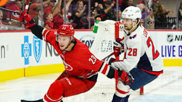 RALEIGH, NC - SEPTEMBER 29: Carolina Hurricanes left wing Brock McGinn (23) reacts to a puck in the net during an NHL Preseason game between the Washington Capitals and the Carolina Hurricanes on September 29, 2019 at the PNC Arena in Raleigh, NC. (Photo by Greg Thompson/Icon Sportswire via Getty Images)