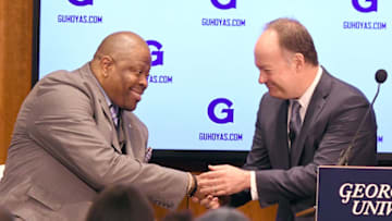 WASHINGTON, DC - APRIL 05: Georgetown University president John J. DeGioia introduces NBA Hall of Famer and former Georgetown Hoyas player Patrick Ewing as the Georgetown Hoyas' new head basketball coach John Thompson Jr. Athletic Center on April 5, 2017 in Washington, DC. (Photo by Mitchell Layton/Getty Images)