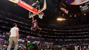 LOS ANGELES, CA - FEBRUARY 17: Donovan Mitchell #45 of the Utah Jazz dunks the ball during the Verizon Slam Dunk Contest during State Farm All-Star Saturday Night as part of the 2018 NBA All-Star Weekend on February 17, 2018 at STAPLES Center in Los Angeles, California. NOTE TO USER: User expressly acknowledges and agrees that, by downloading and/or using this photograph, user is consenting to the terms and conditions of the Getty Images License Agreement. Mandatory Copyright Notice: Copyright 2018 NBAE (Photo by Andrew D. Bernstein/NBAE via Getty Images)