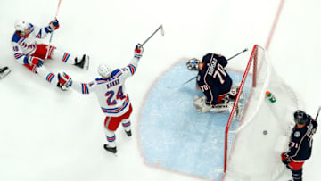 COLUMBUS, OH - DECEMBER 5: Kaapo Kakko #24 of the New York Rangers celebrates after Brendan Lemieux #48 scores a goal on Joonas Korpisalo #70 of the Columbus Blue Jackets during the second period on December 5, 2019 at Nationwide Arena in Columbus, Ohio. New York defeated Columbus 3-2. (Photo by Kirk Irwin/Getty Images)