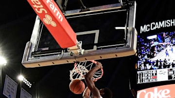 ATLANTA, GA - FEBRUARY 11: Moses Wright #12 of the Georgia Tech Yellow Jackets dunks against the Duke Blue Devils during the basketball game at Hank McCamish Pavilion on February 11, 2018 in Atlanta, Georgia. (Photo by Mike Comer/Getty Images)