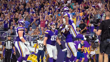 Sep 1, 2016; Minneapolis, MN, USA; Minnesota Vikings running back Jhurell Pressley (42) celebrates his touchdown in the second quarter against the Los Angeles Rams at U.S. Bank Stadium. Mandatory Credit: Brad Rempel-USA TODAY Sports