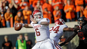 STILLWATER, OK - NOVEMBER 04: Quarterback Baker Mayfield #6 of the Oklahoma Sooners looks to throw against the Oklahoma State Cowboys at Boone Pickens Stadium on November 4, 2017 in Stillwater, Oklahoma. Oklahoma defeated Oklahoma State 62-52. (Photo by Brett Deering/Getty Images)