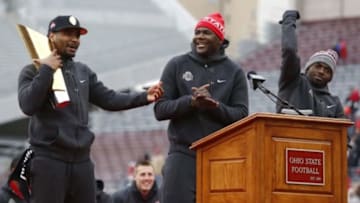 Jan 24, 2015; Columbus, OH, USA; Ohio State Buckeyes quarterback Braxton Miller (left) and quarterback Cardale Jones (middle) and Buckeyes quarterback J.T. Barrett (right) at the national championship celebration at Ohio Stadium. Mandatory Credit: Joe Maiorana-USA TODAY Sports