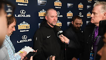 DENVER, CO - MARCH 15: Head Coach Michael Malone of the Denver Nuggets talks with media before the game against the Detroit Pistons on March 15, 2018 at the Pepsi Center in Denver, Colorado. NOTE TO USER: User expressly acknowledges and agrees that, by downloading and/or using this photograph, user is consenting to the terms and conditions of the Getty Images License Agreement. Mandatory Copyright Notice: Copyright 2018 NBAE (Photo by Garrett Ellwood/NBAE via Getty Images)