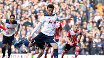 LONDON, ENGLAND - MARCH 19: Dele Alli of Tottenham Hotspur scores his sides second goal from the penalty spot during the Premier League match between Tottenham Hotspur and Southampton at White Hart Lane on March 19, 2017 in London, England. (Photo by Warren Little/Getty Images)