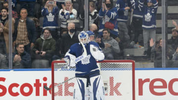Mar 15, 2022; Toronto, Ontario, CAN; Toronto Maple Leafs goaltender Erik Kallgren (50) celebrates a shutout win at the end of the third period against the Dallas Stars at Scotiabank Arena. Mandatory Credit: Nick Turchiaro-USA TODAY Sports