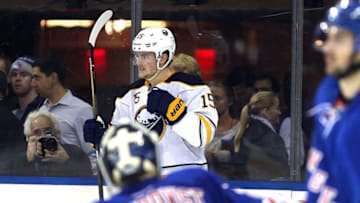 Jan 3, 2017; New York, NY, USA; Buffalo Sabres center Jack Eichel (15) reacts after scoring a goal against New York Rangers goalie Henrik Lundqvist (30) during the third period at Madison Square Garden. Mandatory Credit: Brad Penner-USA TODAY Sports