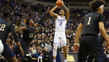 PITTSBURGH, PA - JANUARY 10: Gary Trent Jr #2 of the Duke Blue Devils pulls up for a shot against Khameron Davis #13 of the Pittsburgh Panthers at Petersen Events Center on January 10, 2018 in Pittsburgh, Pennsylvania. (Photo by Justin K. Aller/Getty Images)