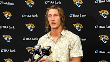 JACKSONVILLE, FL - AUGUST 14: Quarterback Trevor Lawrence #16 of the Jacksonville Jaguars addresses the media during a press conference following a preseason game against the Cleveland Browns at TIAA Bank Field on August 14, 2021 in Jacksonville, Florida. The Browns defeated the Jaguars 23-13. (Photo by Don Juan Moore/Getty Images)