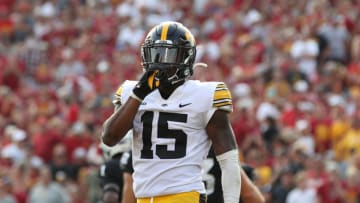Sep 11, 2021; Ames, Iowa, USA; Iowa Hawkeyes running back Tyler Goodson (15) reacts to the Iowa State Cyclones fans after his touchdown at Jack Trice Stadium. Mandatory Credit: Reese Strickland-USA TODAY Sports