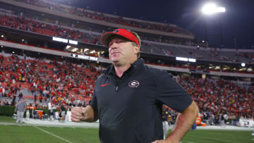 ATHENS, GEORGIA - NOVEMBER 4: Head coach Kirby Smart of the Georgia Bulldogs reacts at the conclusion of the 30-21 victory over the Missouri Tigers at Sanford Stadium on November 4, 2023 in Athens, Georgia. (Photo by Todd Kirkland/Getty Images)