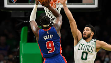 Detroit Pistons forward Jerami Grant (9) shoots and scores a basket in front of Boston Celtics forward Jayson Tatum Credit: Brian Fluharty-USA TODAY Sports