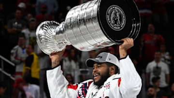 LAS VEGAS, VA - JUNE 7:Washington Capitals right wing Devante Smith-Pelly (25) skates with the Stanley Cup after winning Game 5 of the Stanley Cup Final between the Washington Capitals and the Vegas Golden Knights at T-Mobile Arena on Thursday, June 7, 2018. (Photo by Toni L. Sandys/The Washington Post via Getty Images)