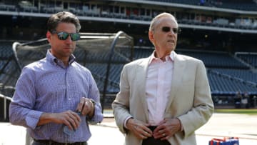 NEW YORK, NEW YORK - JUNE 28: (NEW YORK DAILIES OUT) New York Mets COO Jeff Wilpon (L) and majority owner Fred Wilpon during batting practice before a game against the Atlanta Braves at Citi Field on Friday, June 28, 2019 in the Queens borough of New York City. The Braves defeated the Mets 6-2. (Photo by Jim McIsaac/Getty Images)