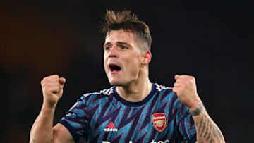 WOLVERHAMPTON, ENGLAND - FEBRUARY 10: Granit Xhaka of Arsenal celebrates during the Premier League match between Wolverhampton Wanderers and Arsenal at Molineux on February 10, 2022 in Wolverhampton, United Kingdom. (Photo by Marc Atkins/Getty Images)