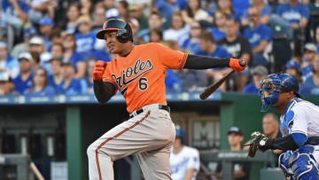 Apr 23, 2016; Kansas City, MO, USA; Baltimore Orioles second basemen Jonathan Schoop (6) at bat against the Kansas City Royals during the second inning at Kauffman Stadium. Mandatory Credit: Peter G. Aiken-USA TODAY Sports